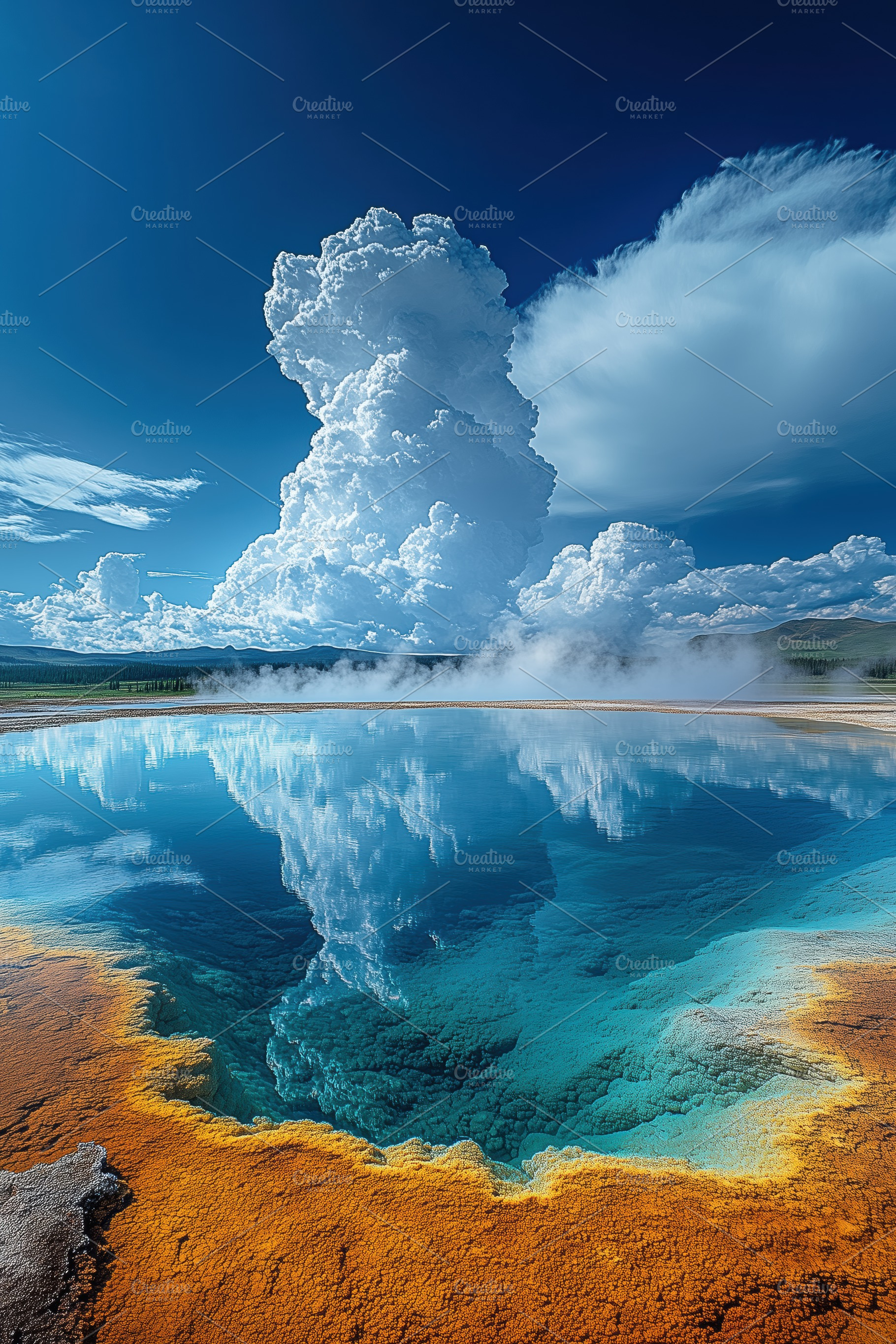 A stunning view of a geothermal hot spring with vibrant blue water reflecting f, a Nature Photo by Textures & Backgrounds