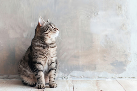 Cute cat sitting on floor near blank wall, an Animal Photo by AlyaAnd