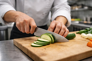 Chef slicing fresh zucchini in profe, a Photo by Dvoevnore photos