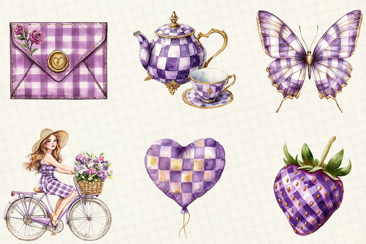 Purple Gingham Summer Clipart, an Illustration by OK Design (Photo 2 of 5)