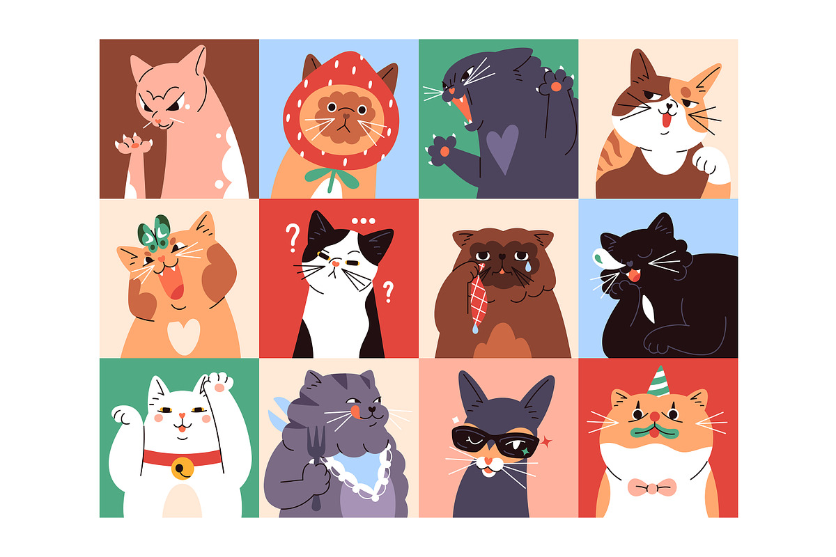 Cute funny cats set, cards, an Animal Illustration by PaperTrident (Photo 1 of 6)