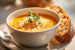 Vibrant soup with croutons and seeds, a Food & Drink Photo by AlyaAnd