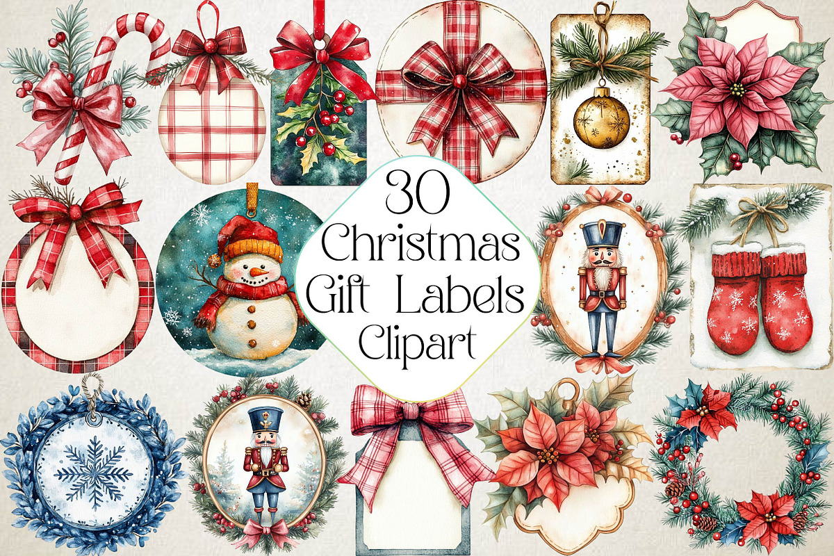 Watercolor Christmas Gift Labels Cli, an Illustration by DreamPrint404 (Photo 1 of 6)