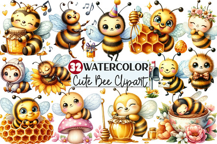 Cute Little Bee Watercolor Clipart, an Animal Illustration by Rose Art