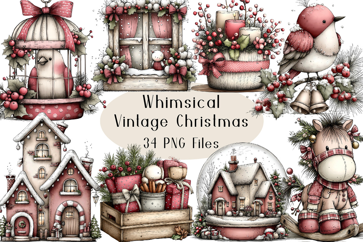 Watercolor Vintage Christmas Clipart, a Seasonal Illustration by Creative Art (Photo 1 of 7)