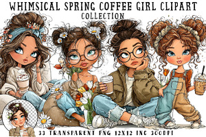 Whimsical Spring Coffee Girl Clipart, an Illustration by OK Design