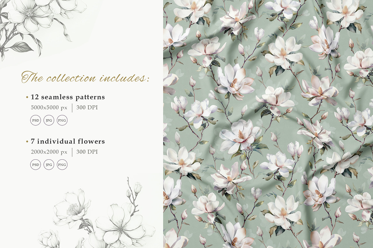 Watercolor Magnolia Patterns, a Pattern Graphic by Holovei (Photo 2 of 10)