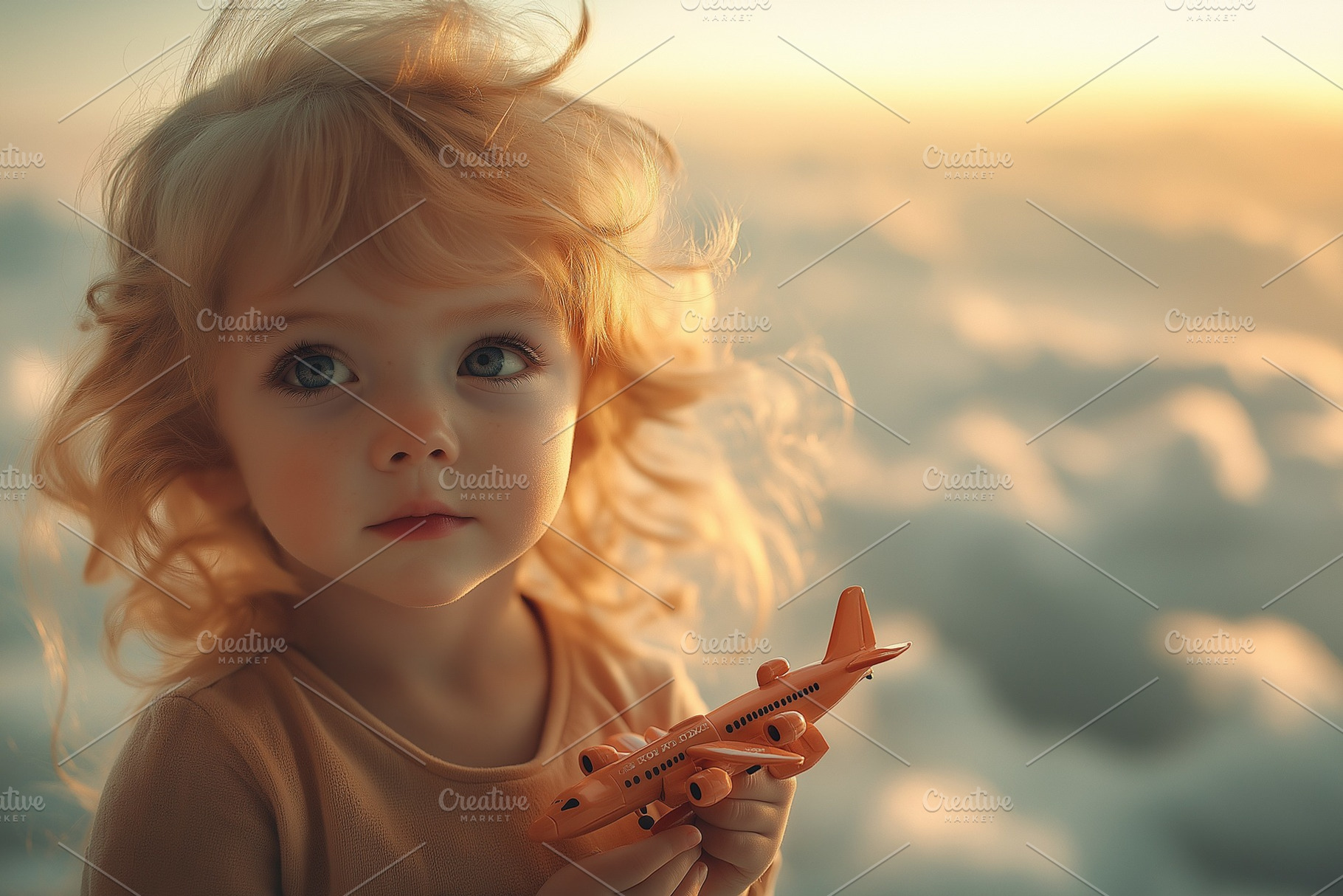 A young Caucasian girl with curly blonde hair holds a toy airplane, gazing thou, a Person Photo by ImageMir