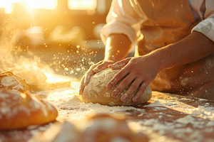 Baker Kneading Dough in Warm Sunrise Light, a Food & Drink Photo by Davizro's Market