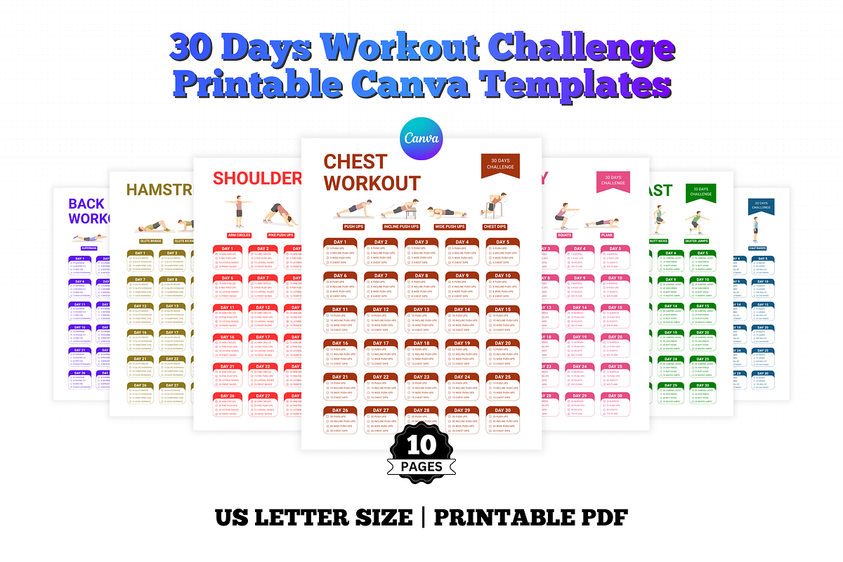 Canva 30 Day Workout Challenge PDF, a Stationery Template by Snapybiz (Photo 1 of 10)