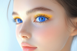 Close-up portrait of a young woman with striking blue eyes and yellow eyeshadow, a Person Illustration by Textures & Backgrounds