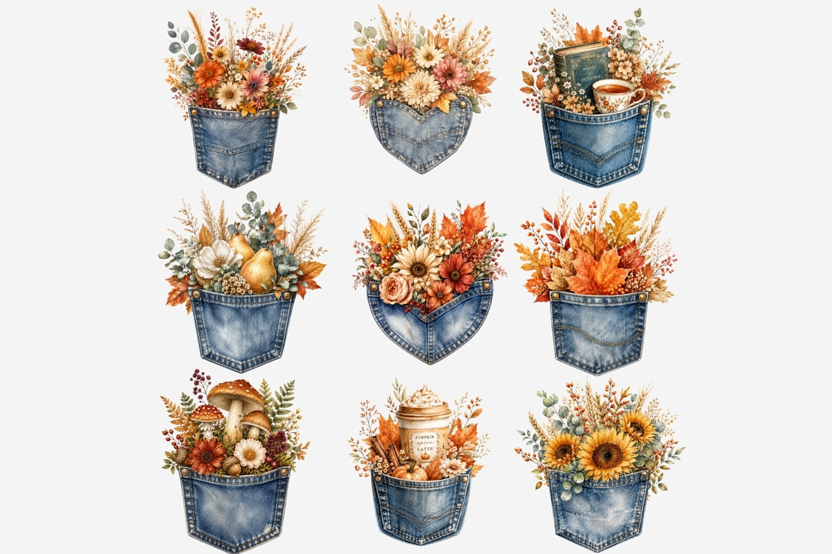 Autumn Denim Pocket Clipart Bundle, a Seasonal Illustration by Tanya Kart (Photo 3 of 5)