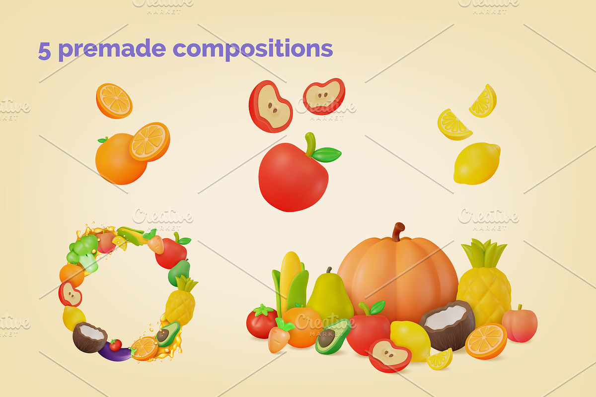 3d Vegetables and Fruits Vector Set, an Object 3D Model by 35lab (Photo 3 of 7)