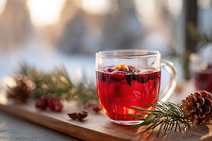 Warm spiced drink with berries and pine on a wooden table during winter season, a Food & Drink Photo by AlyaAnd