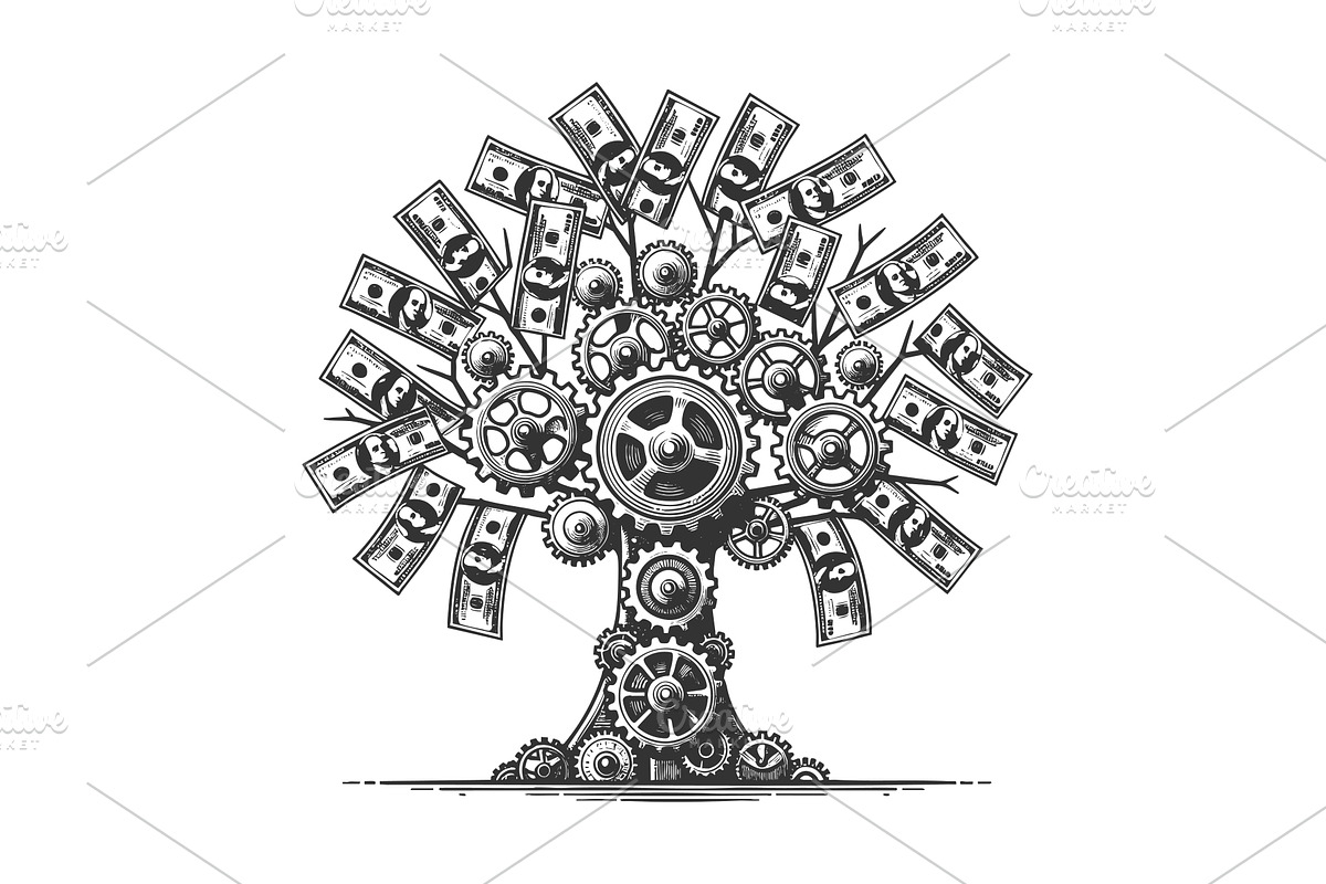 Mechanical money tree with gears and, a Finance Illustration by AlexArt