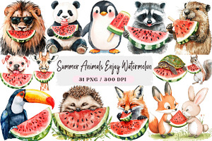 Summer Animals Enjoy Watermelon Clip, an Illustration by DreamArtGraphic