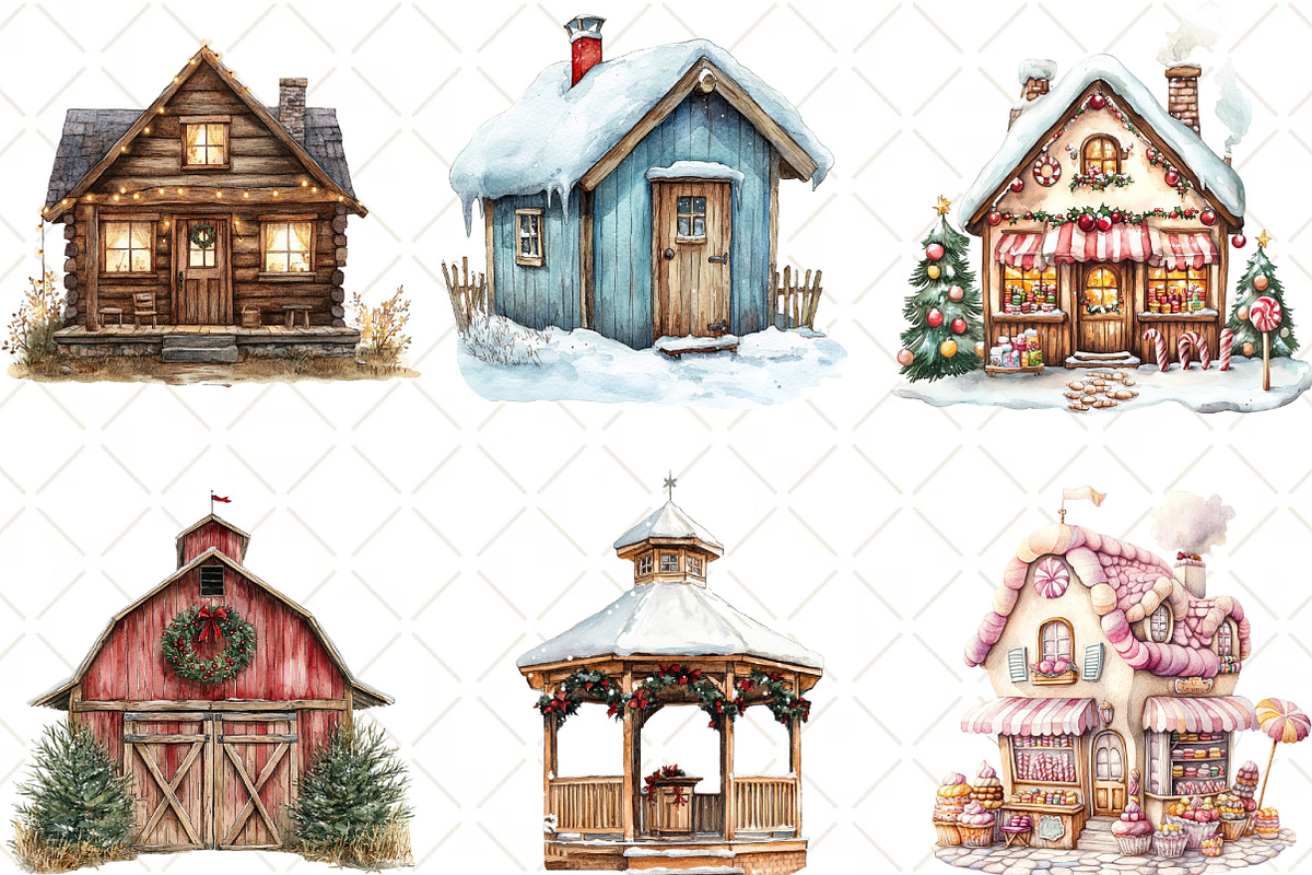 Watercolor Christmas Village Clipart, an Illustration by Black Bird Studio (Photo 5 of 6)