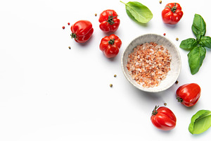 Fresh tomatoes basil and himalayan pink salt preparing ingredien, a Food & Drink Photo by Olena Rudo
