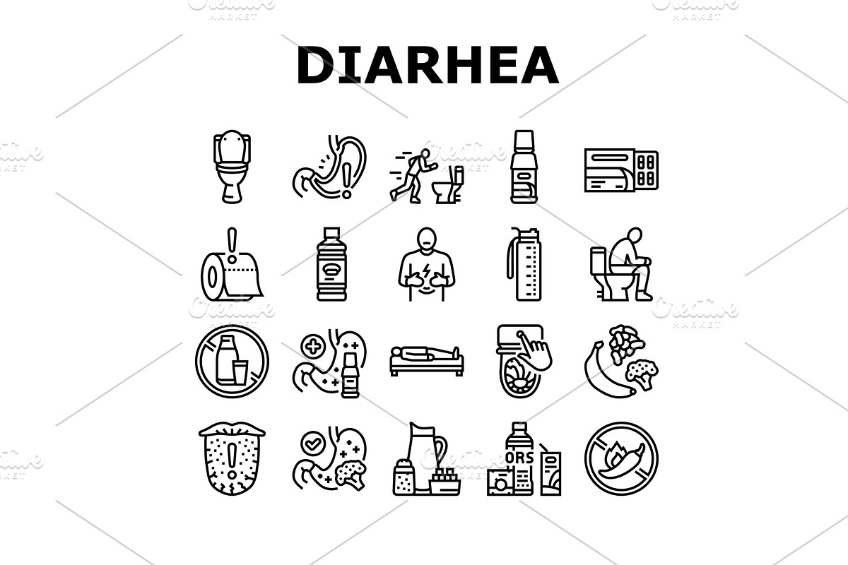 diarrhea causes icons set vector, an Object Illustration by pikepicture