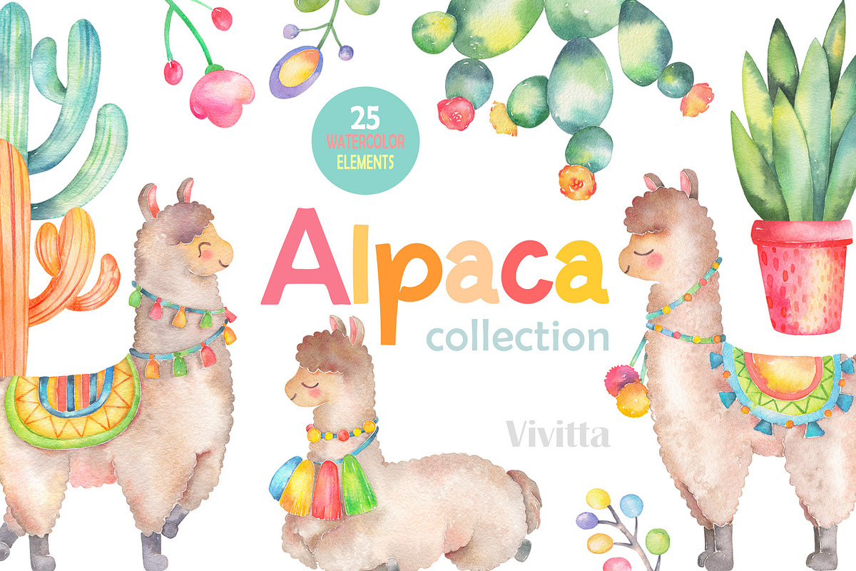 Alpaca, Llama Cactus watercolor set, an Animal Illustration by Vivitta (Photo 1 of 5)