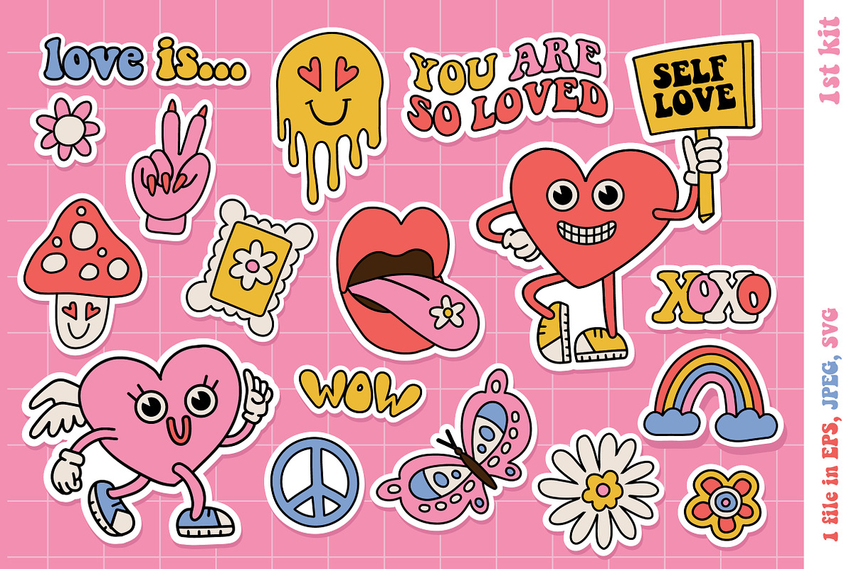 Groovy love: weird stickers kits set, a Stationery Template by Lana Sham (Photo 2 of 5)