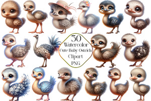 Watercolor Cute Baby Ostrich Clipart, an Illustration by CraftArtStudio