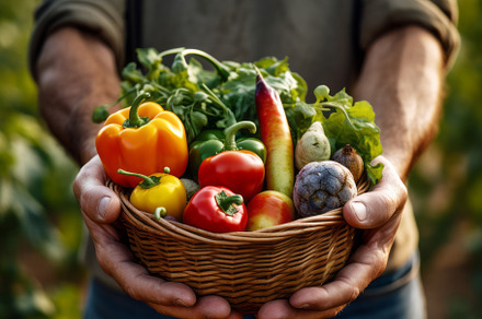 Basket with vegetables in the hands of a farmer background of nature Concept of, a Food & Drink Photo by Natalia Klenova's Shop