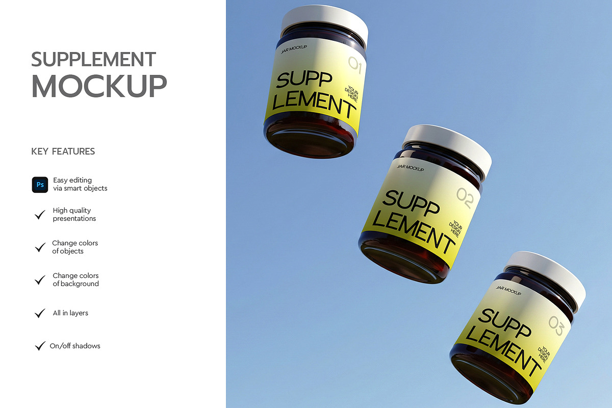 Floating Supplement Jar Mockup, a Packaging Mockup by graphypix (Photo 2 of 4)