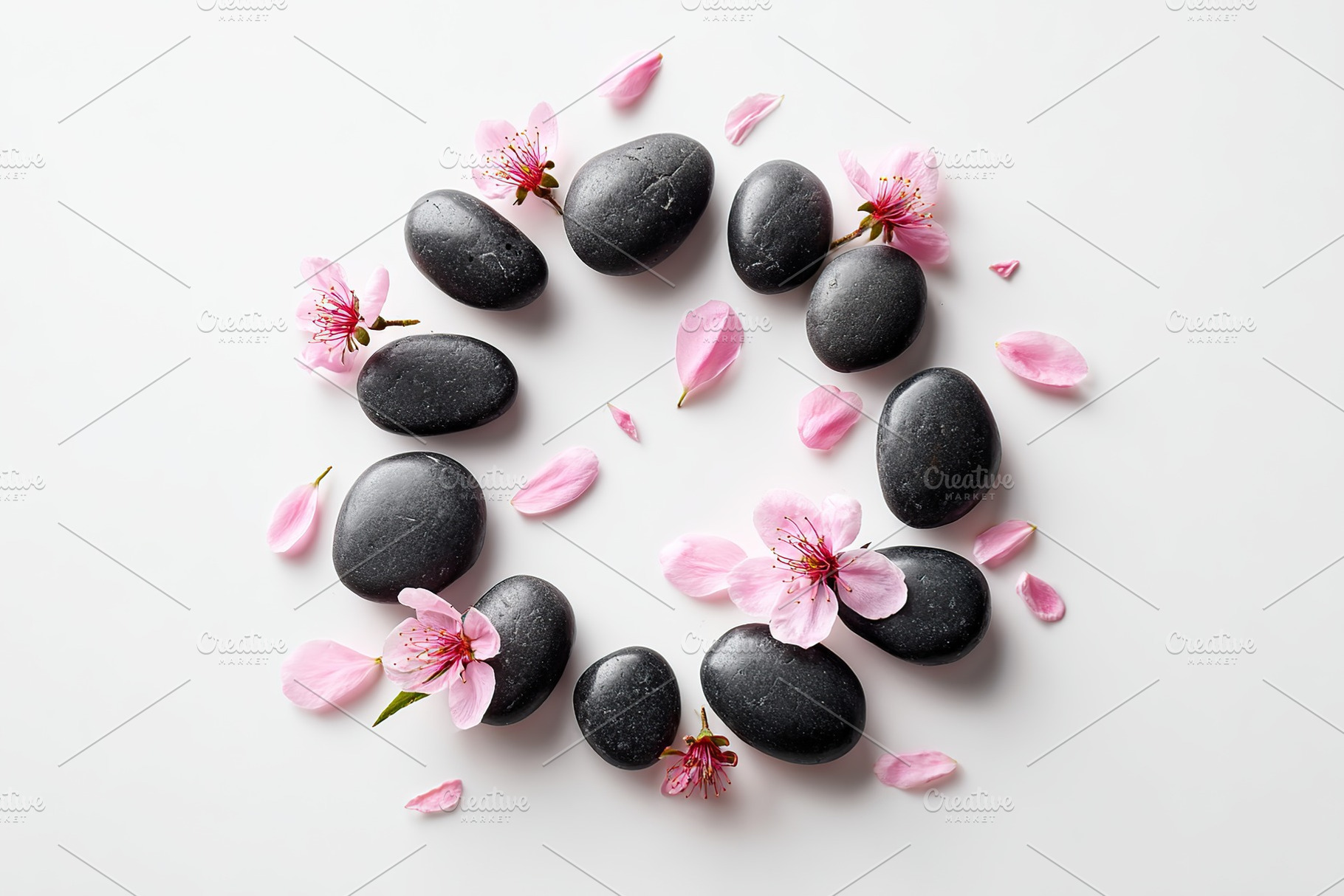 Elegant arrangement of black stones and pink flower petals on a white backgroun, a Background Photo by AlyaAnd