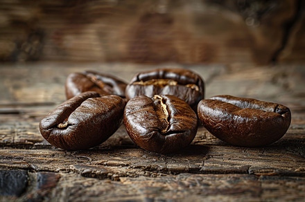 Coffee beans on wooden table, a Food & Drink Photo by AlyaAnd