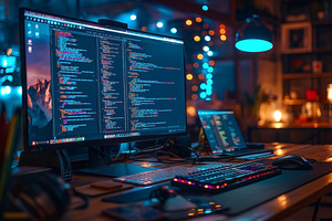 A vibrant workspace featuring a dual-monitor setup with colorful code on screen, a Person Photo by ImageMir