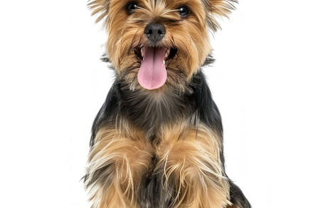 Radiant Yorkshire Terrier Sits Prettily, Tongue Out in Sheer Del, an Animal Photo by José Manuel Gelpi