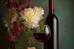 Romantic still life with red wine bottle, glass, and a bouquet of white peonies, a Food & Drink Photo by Studio ANNA