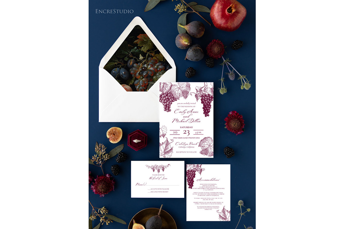 Burgundy Grapes Wedding Invitation, an Invitation Template by Encre Studio (Photo 3 of 5)
