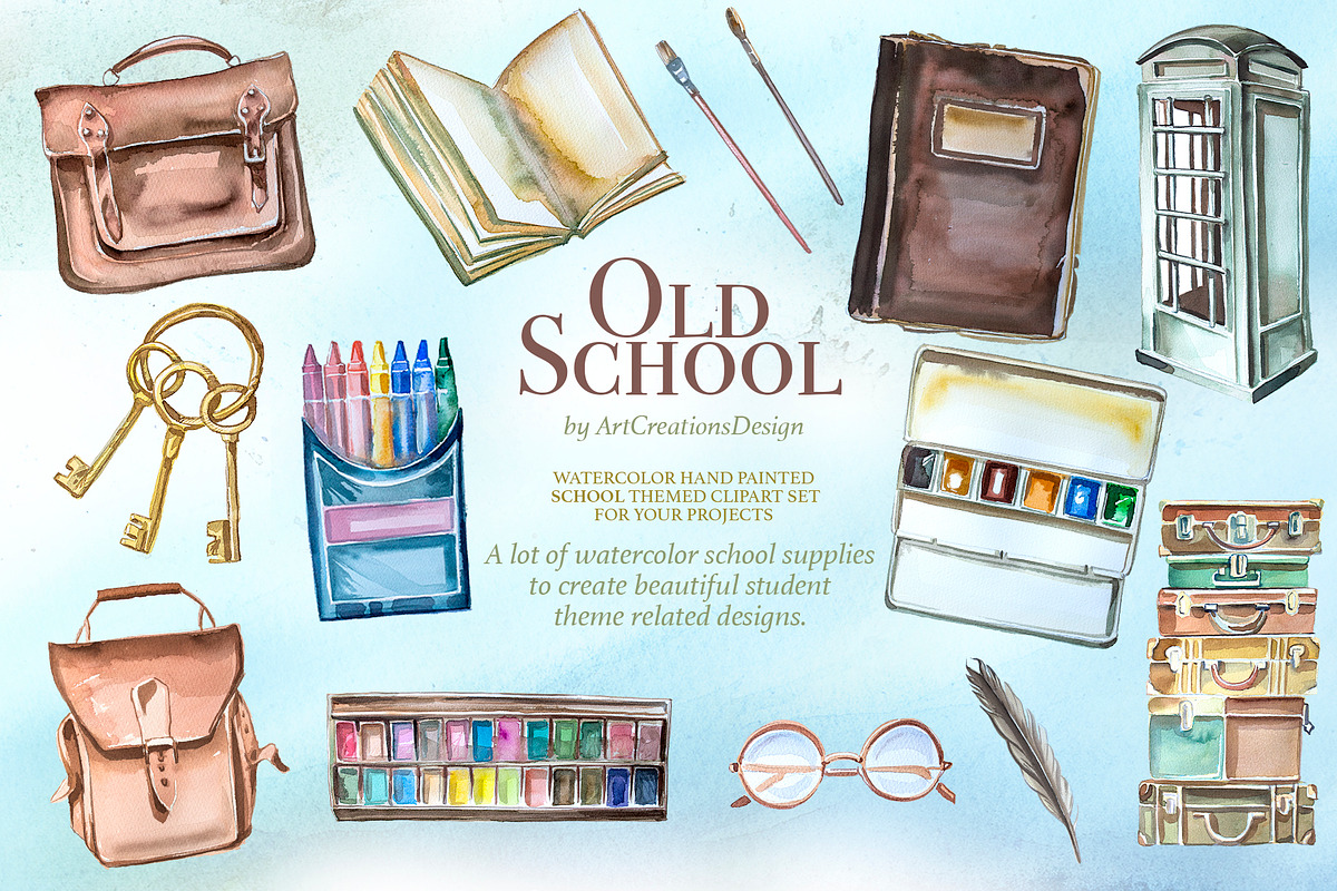 Watercolor Old School Clipart Set, a Seasonal Illustration by ArtCreationsDesign (Photo 9 of 18)