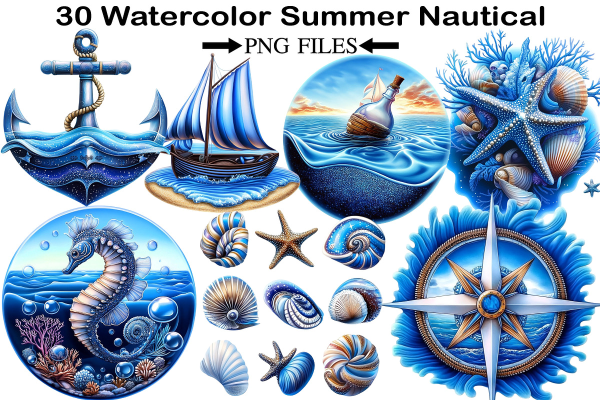 Watercolor Summer Nautical Clipart, an Illustration by Black Bird Studio (Photo 1 of 5)