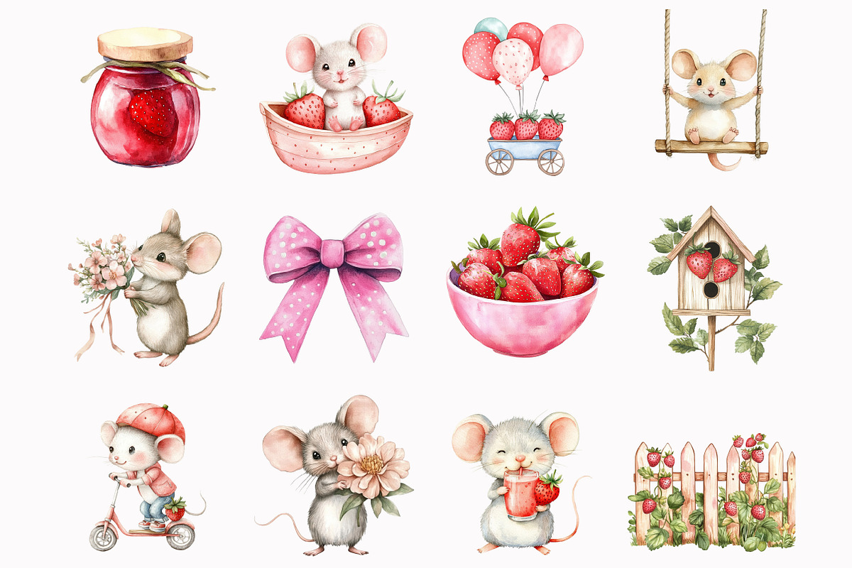 Watercolor Strawberry Mouse Clipart, an Illustration by Design Market (Photo 3 of 5)