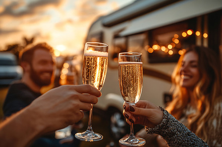 Friends celebrating at sunset with champagne glasses in a cozy outdoor setting, a Person Photo by Beautiful things