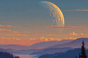 Alien Planet Sunset Landscape Two Mo, a Photo by Pixeness Studio