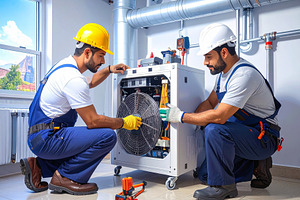 HVAC professionals conducting furnace repair and technical diagn, an Industrial Photo by DanFLCreativo