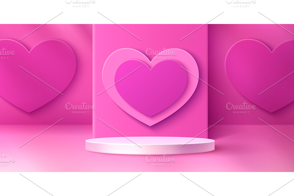 Pink heart podium with 3d Valentine, an Illustration by art PVP - market