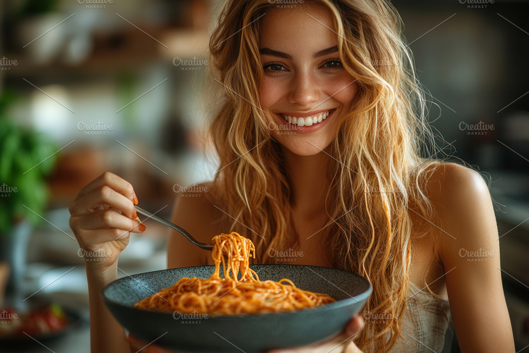Woman enjoying a delicious plate of, a Photo by Tanuart