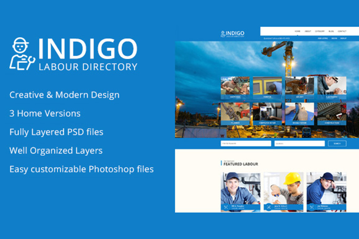 Indigo Labour Directory PSD Template, a Websites & App Template by mine-tech (Photo 1 of 17)