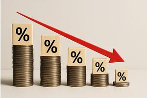 Stacks of coins with percentage, a Finance Illustration by Sergey Kotenev