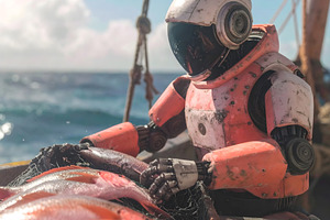Weathered robot fisherman handling fresh fish on ocean boat, an Industrial Photo by GoodGoods