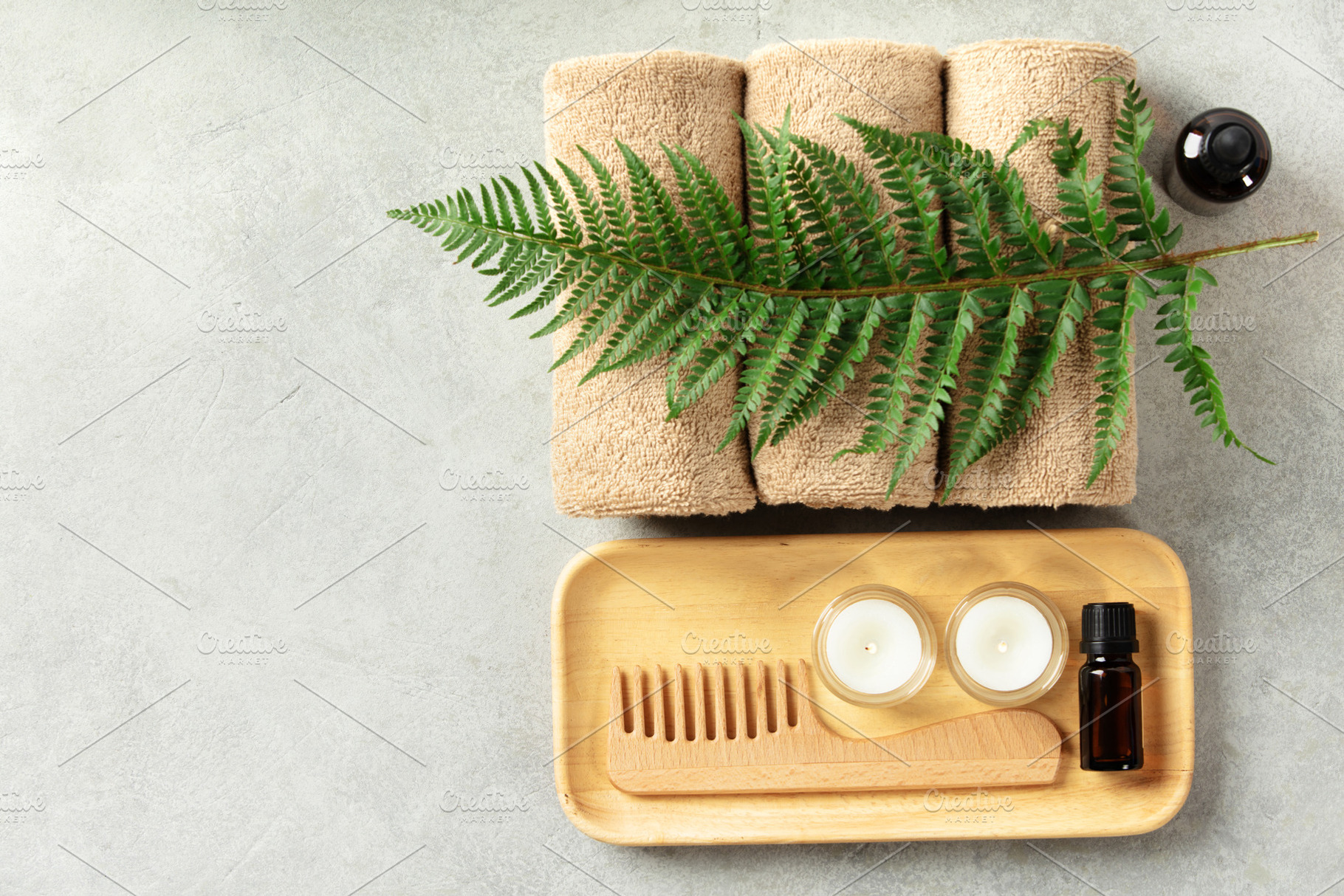 Spa Wellness Flat Lay with Fern, Towels, and Natural Products, a Beauty & Fashion Photo by Natalia Klenova's Shop