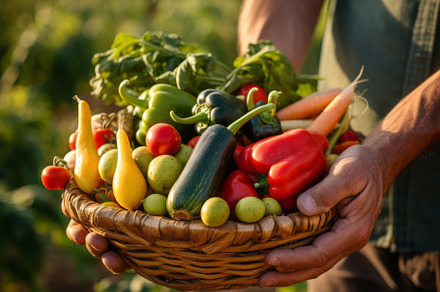 Basket with vegetables in the hands of a farmer background of nature Concept of, a Food & Drink Photo by Natalia Klenova's Shop