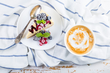 Cheesecake with berries and mint containing cheesecake, background, and cake, a Food & Drink Photo by NaumenkoOS
