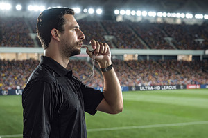 Soccer Referee Blowing Whistle in Stadium, a Sports & Recreation Photo by Davizro's Market