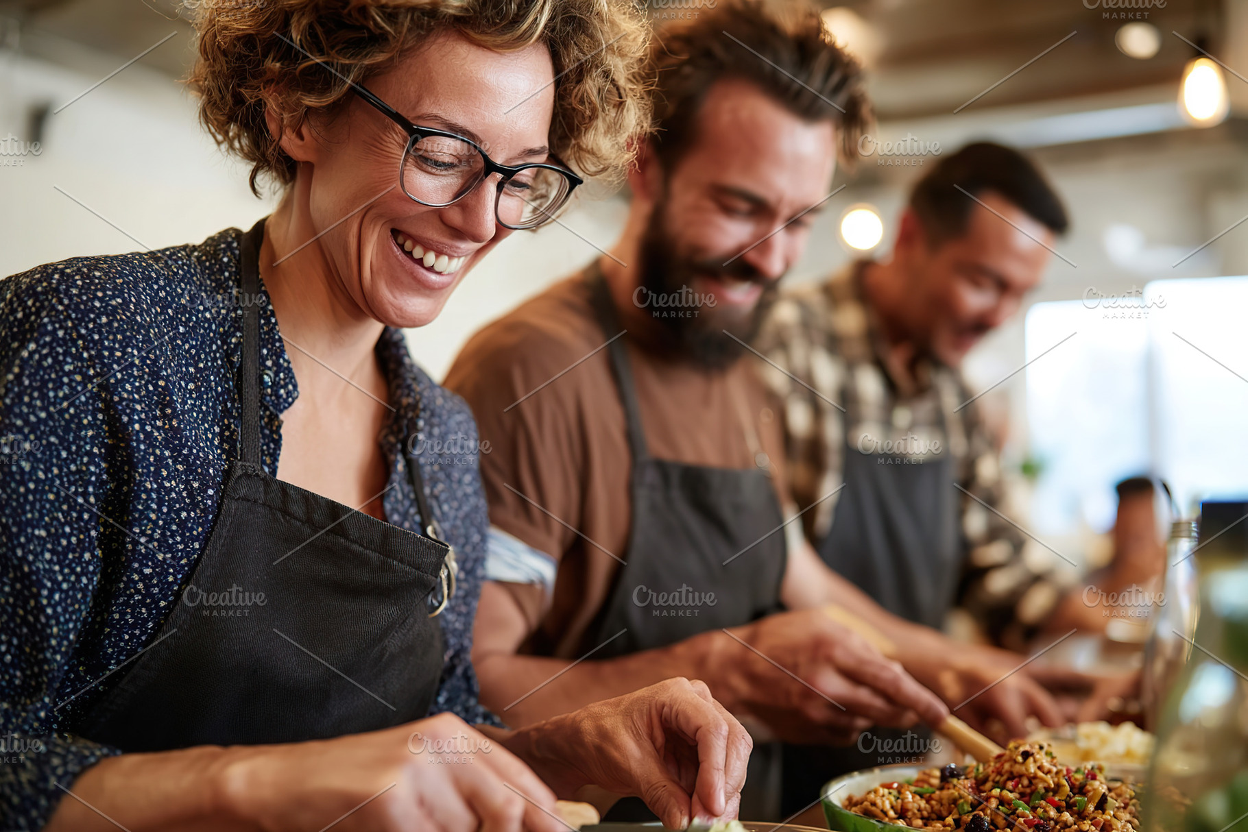Cooking a delicious plant-based meal together in a lively kitchen environment, a Photo by AlyaAnd